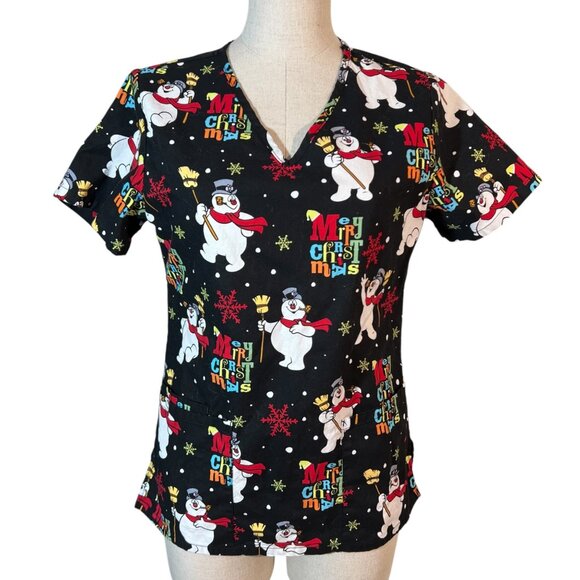 Frosty The Snowman Christmas Scrub Top Size XS 100% Cotton Black Short Sleeve - Picture 2 of 6
